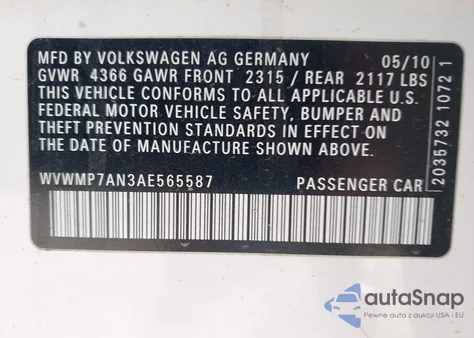 2010 Volkswagen Cc Sport z USA, uszkodzony, nr VIN WVWMP7AN3AE565587